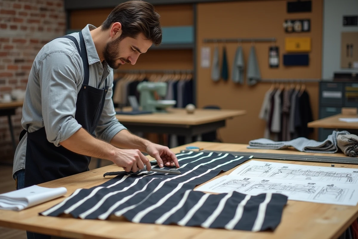 Artisan découpant des bandes de tissu noir et blanc avec précision pour confectionner un drapeau breton fait main