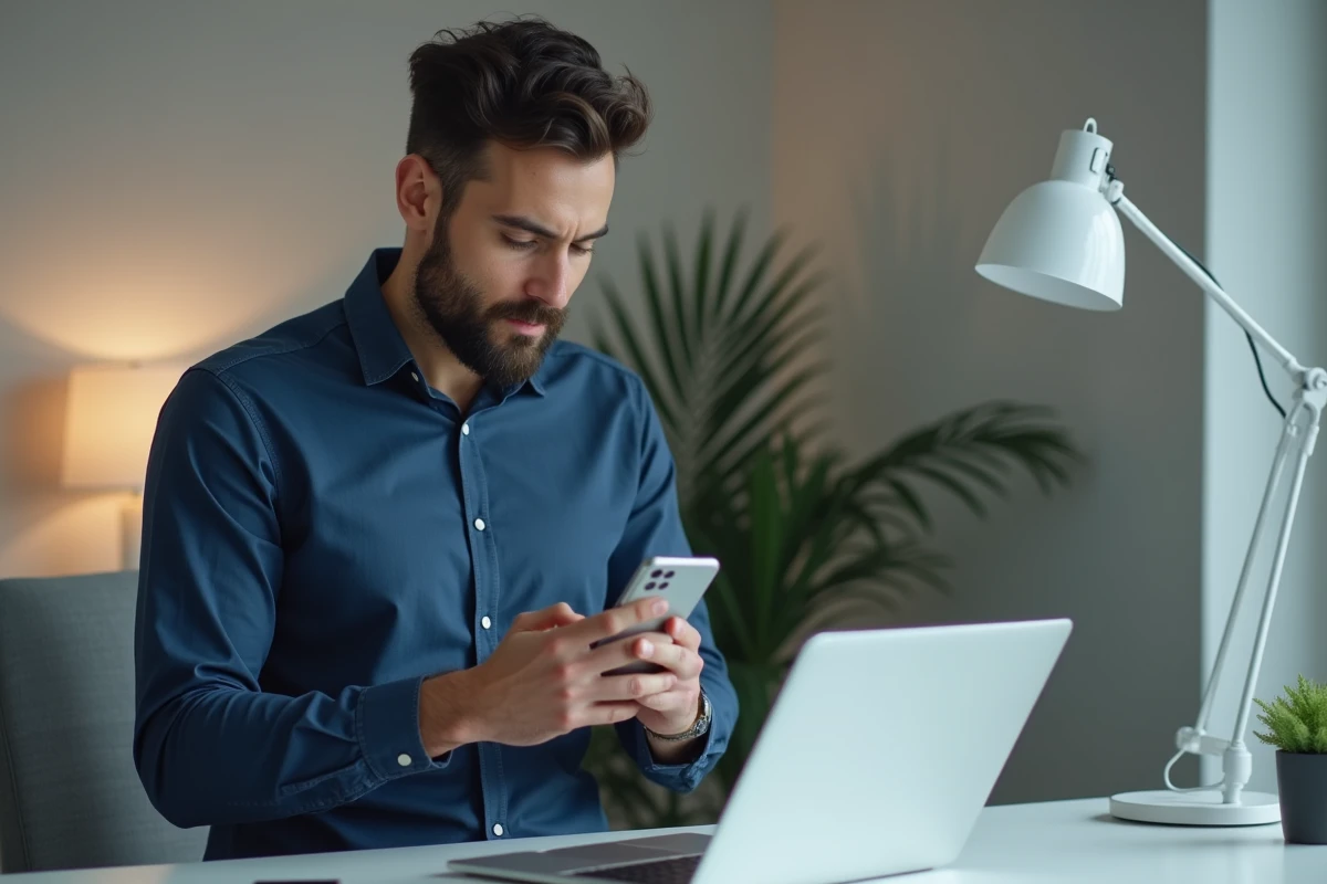 Homme consultant un guide de dépannage SMS bloqué sur Android depuis son bureau avec laptop et smartphone
