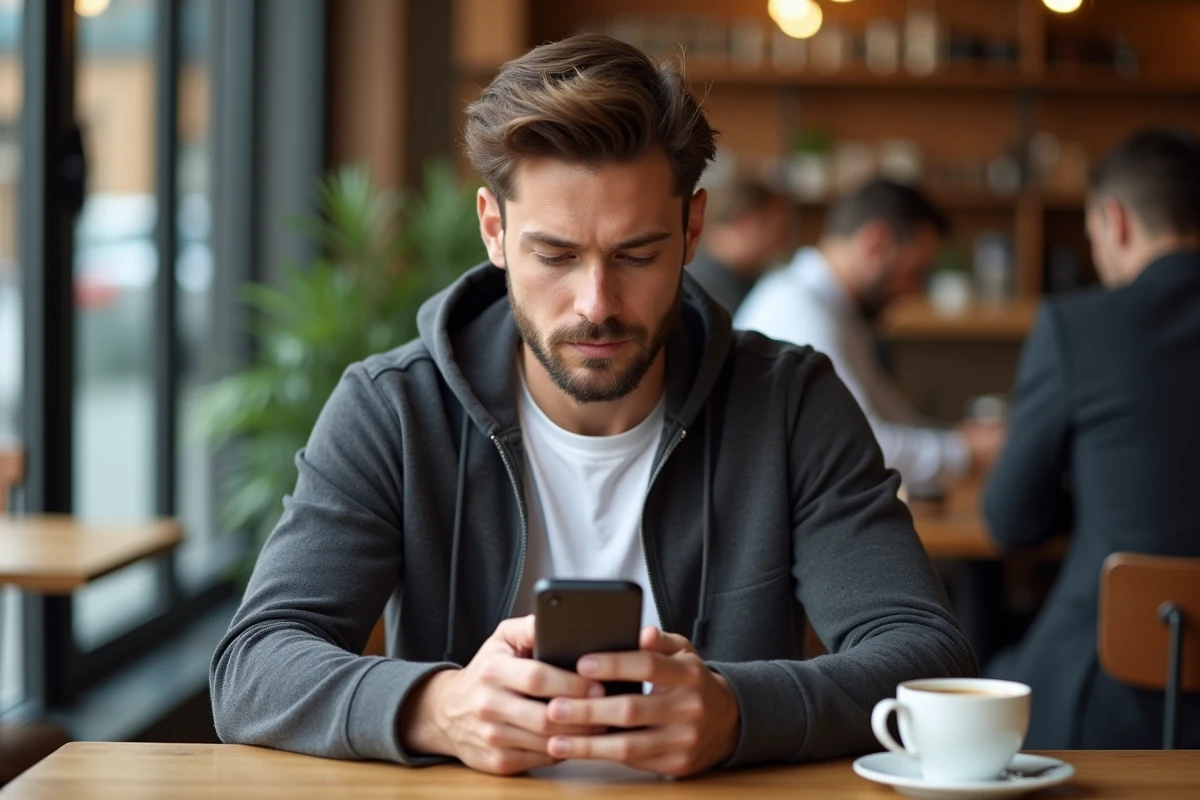 Homme effectuant un dépôt en ligne via son smartphone dans un café urbain moderne