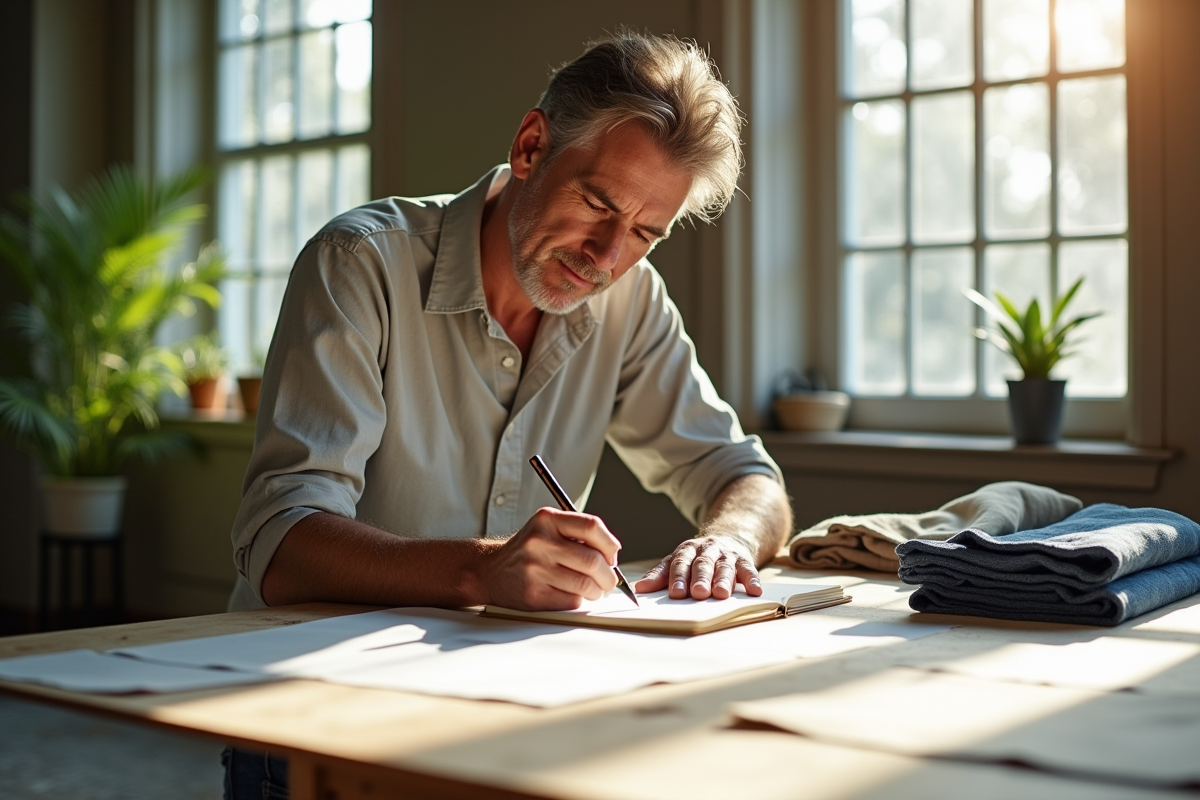 Designer mode responsable esquissant dans atelier lumineux
