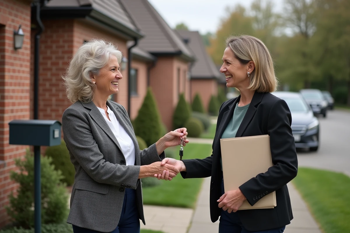 Deux femmes échangeant des clés devant une maison
