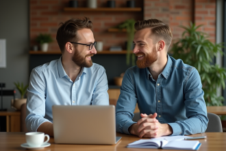Deux hommes souriants dans un appartement moderne