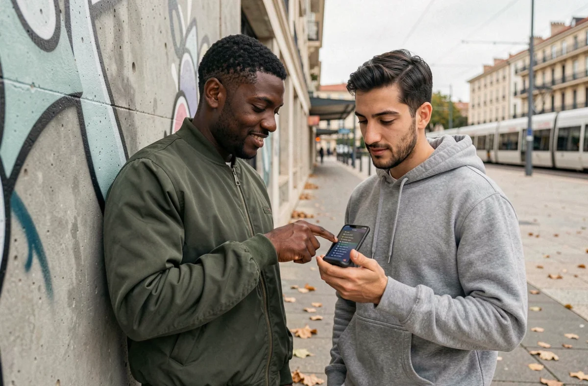 Deux hommes consultant ensemble les horaires de prière sur smartphone dans une rue de Montpellier