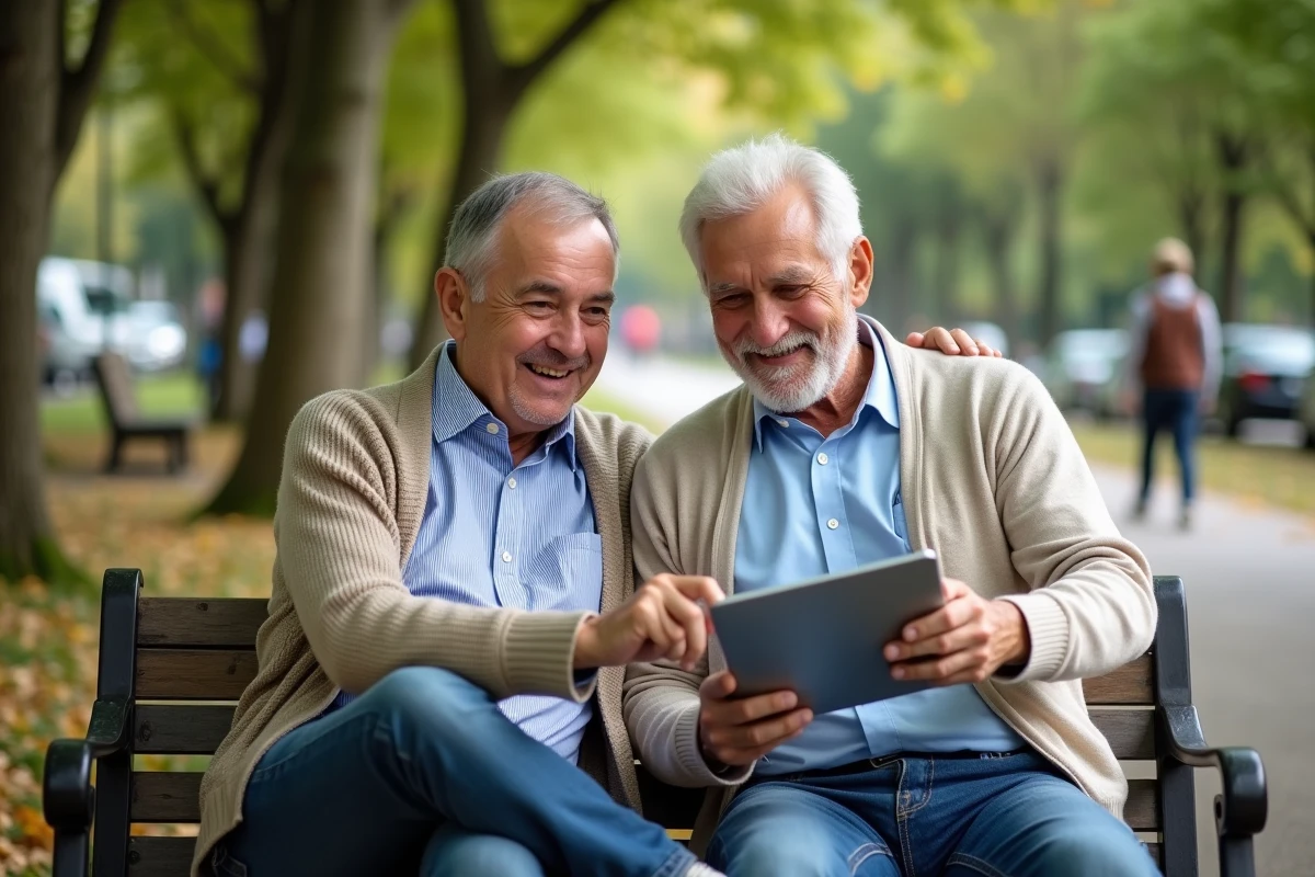 Deux hommes seniors partageant une tablette dans un parc
