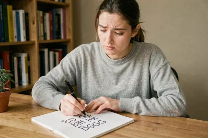 Jeune femme écrivant les abréviations BDG, BDH et BGG sur un bloc-notes pour en comprendre la différence