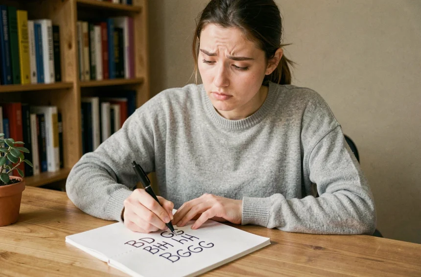 Jeune femme écrivant les abréviations BDG, BDH et BGG sur un bloc-notes pour en comprendre la différence