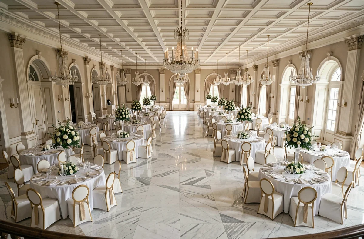 Grande salle de réception du Domaine de la Mouissone vue en plongée, avec dizaines de tables rondes dressées pour un banquet de grande capacité