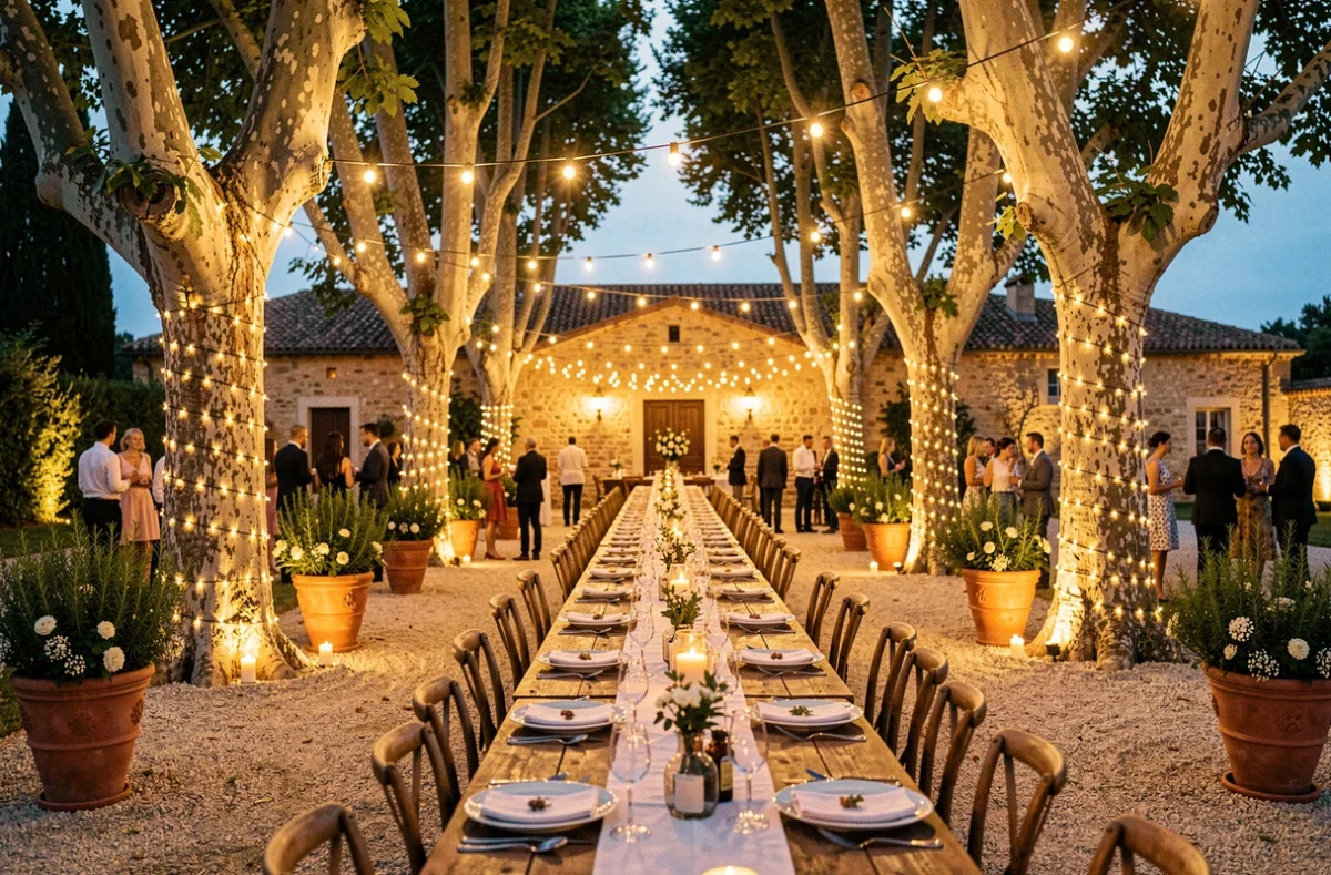 Réception en plein air au Domaine du Tabourg sous une voûte de platanes illuminés de guirlandes lumineuses, avec longue table dressée sur un patio en gravier