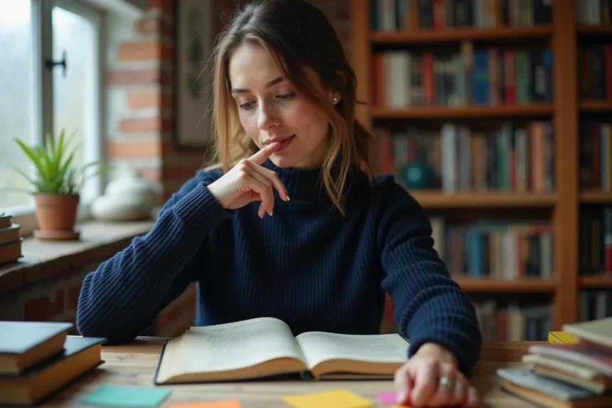 Écrivaine analysant un manuscrit avec un regard pensif, cherchant à dissimuler un retournement de situation narratif