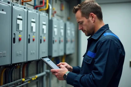 &Eacute;lectricien homme en tenue bleue v&eacute;rifiant un tableau &eacute;lectrique