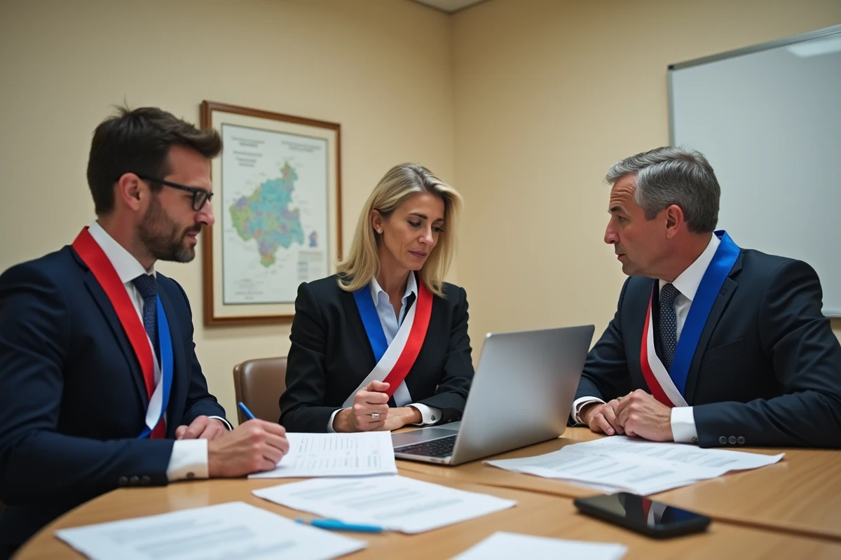 Élus municipaux réunis autour d'une table pour discuter du budget communal en salle de réunion