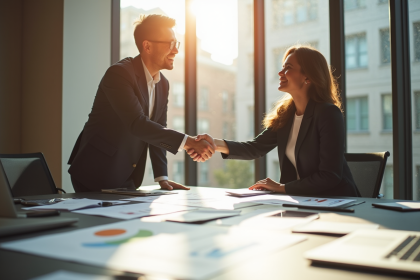 Deux professionnels d'affaires serrant la main dans un bureau moderne