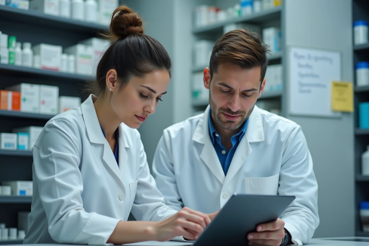 Deux techniciens en pharmacie collaborant sur une tablette numérique dans une officine pour coordonner la gestion des stocks