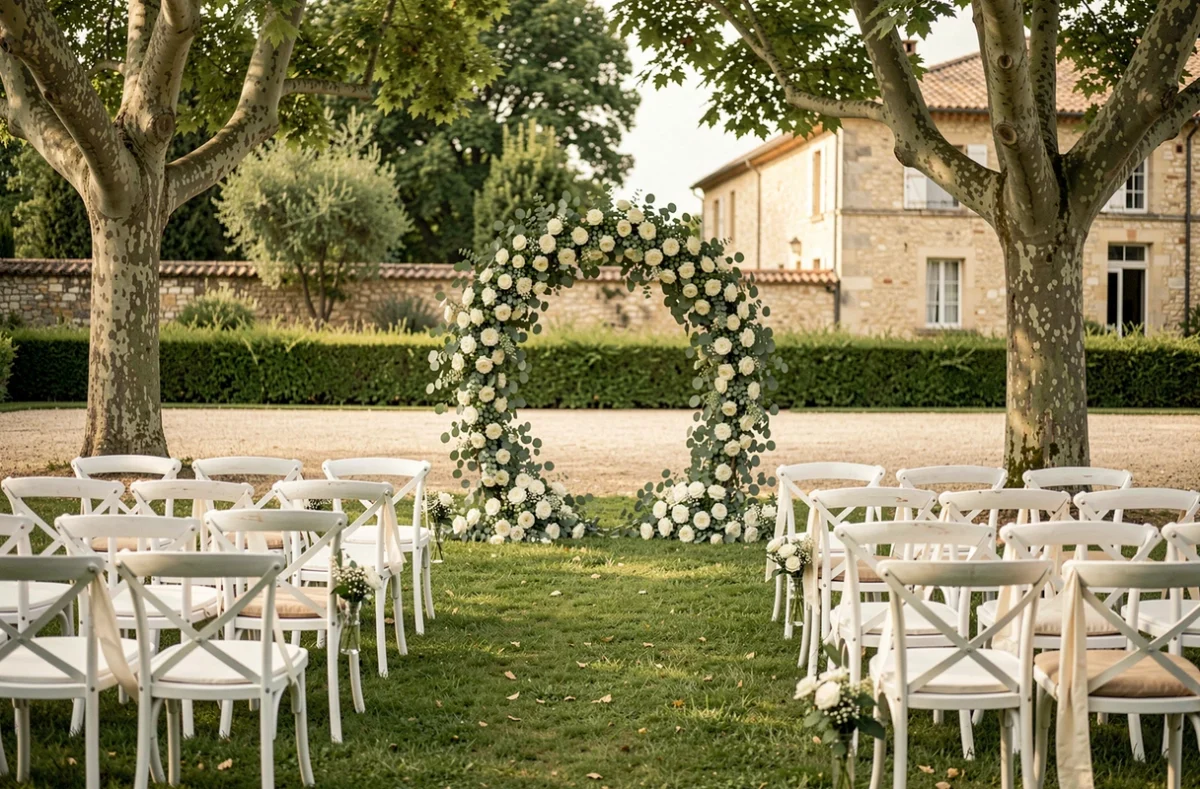 Allée de cérémonie de mariage en plein air à l'Espace Tiragon de Mouans-Sartoux, avec chaises blanches et arche florale entourées de platanes