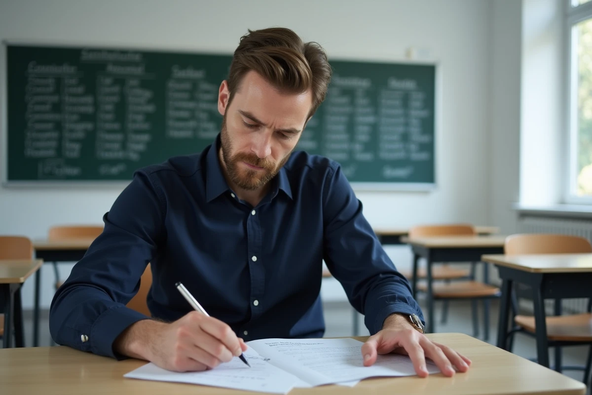 Homme étudiant une fiche d'exercices de grammaire française dans une salle de classe moderne, travaillant sur les accords des pronoms possessifs
