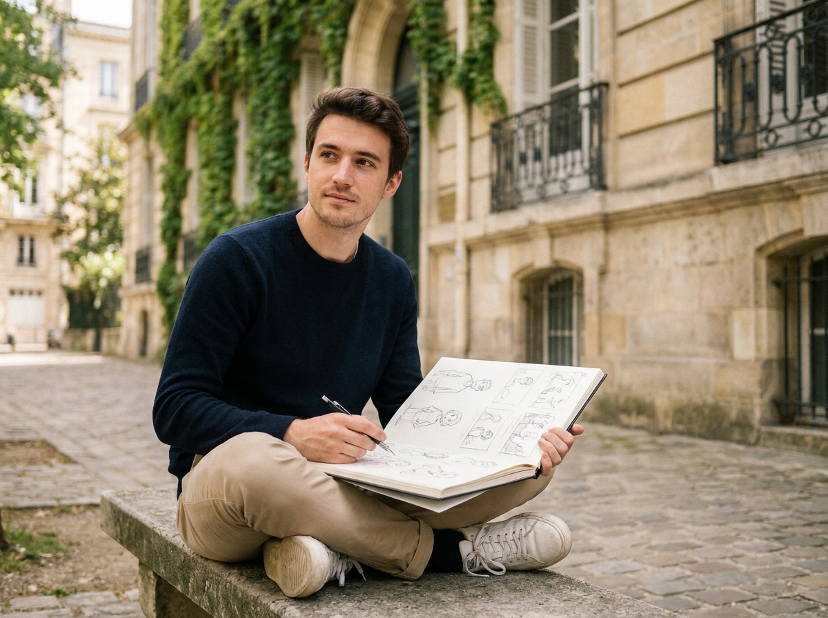 Jeune étudiant en animation dessinant ses storyboards dans la cour d'une école d'art à Bordeaux