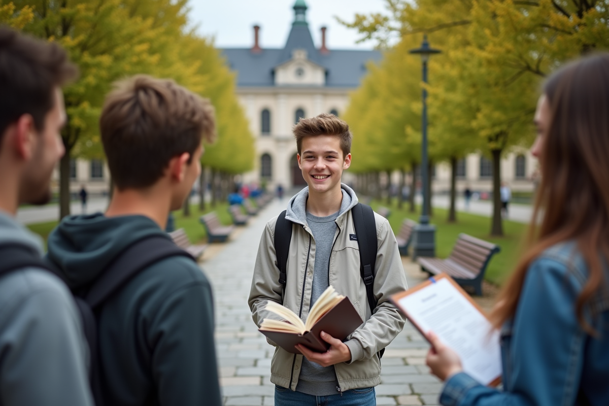 Adolescent discutant avec ses amis sur un campus universitaire