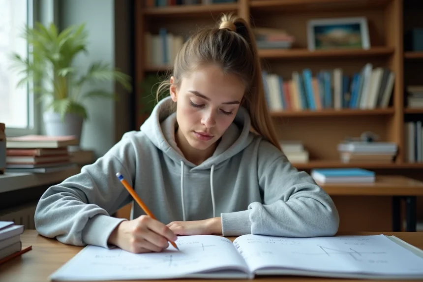 Étudiante en mathématiques calculant une équation de tangente à l'aide de la dérivée sur du papier graphique