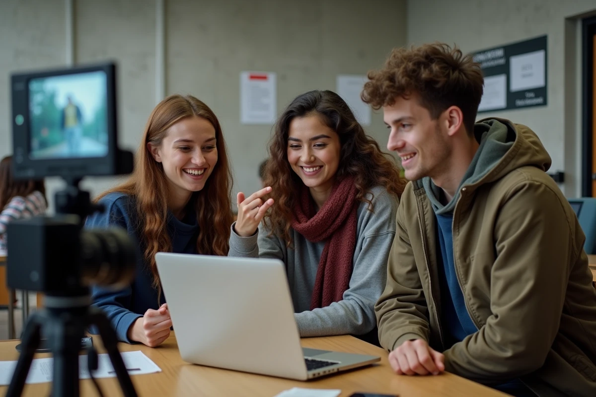 Groupe de jeunes cinéastes collaborant autour d'une caméra et d'un ordinateur dans une école de cinéma, inspirés par le travail de James Funn