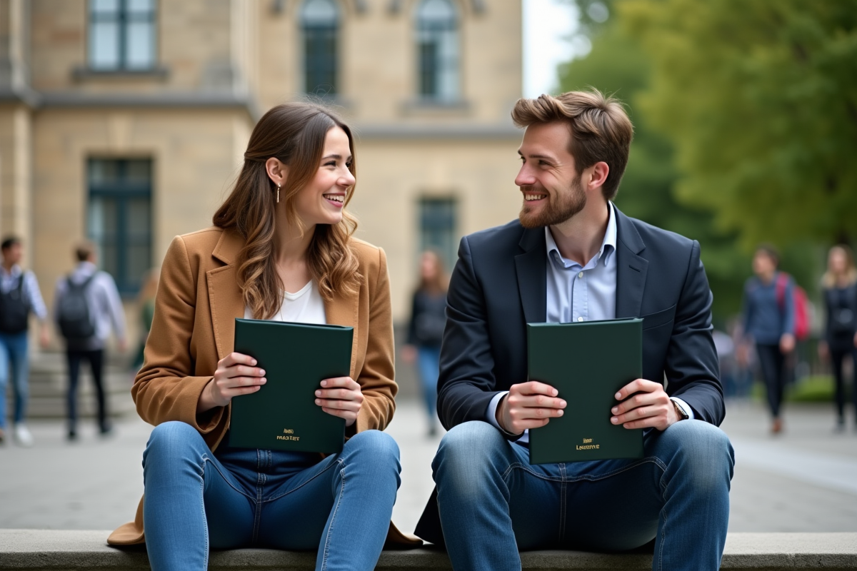 Deux étudiants souriants avec diplômes en plein air