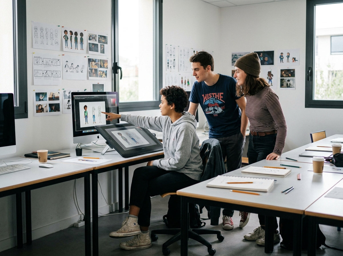 Étudiants en école d'animation à Bordeaux collaborant sur un projet de dessin animé numérique