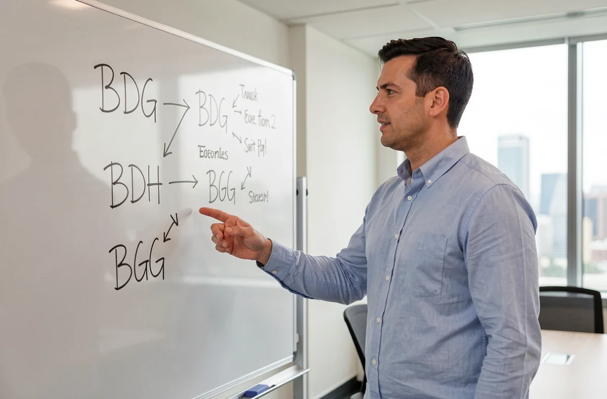 Homme en entreprise expliquant devant un tableau blanc la signification des abréviations BDG, BDH et BGG