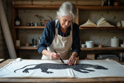 Femme bretonne peignant à la main les hermines noires sur un tissu blanc pour fabriquer un drapeau breton Gwenn-ha-Du traditionnel