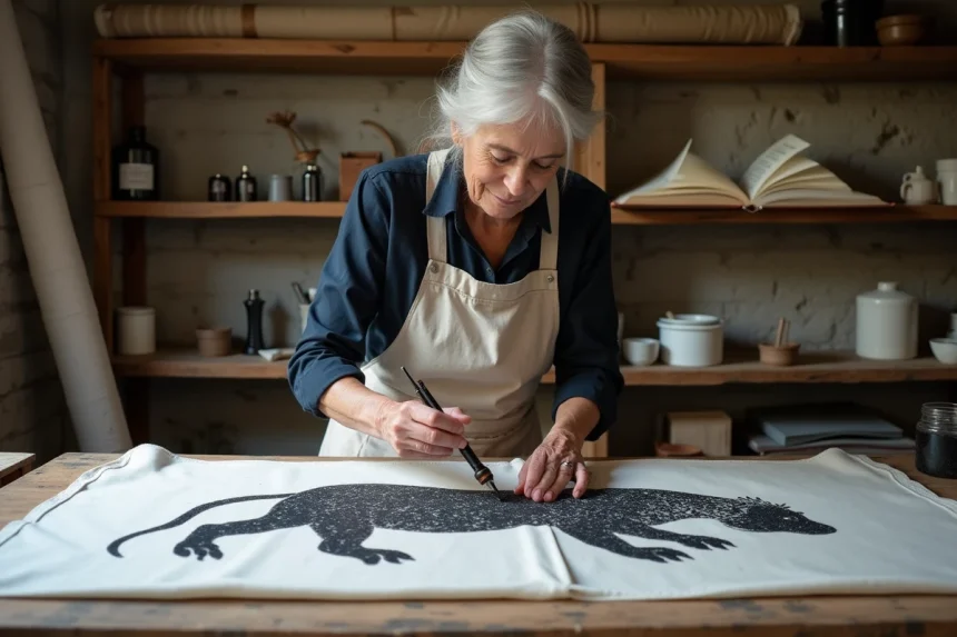 Femme bretonne peignant à la main les hermines noires sur un tissu blanc pour fabriquer un drapeau breton Gwenn-ha-Du traditionnel