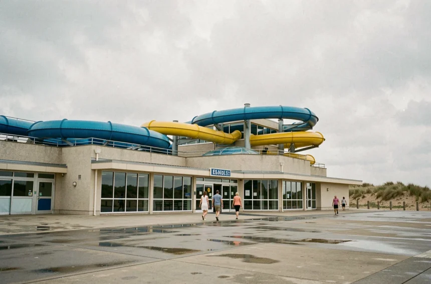 Façade extérieure du parc aquatique Aqualud au Touquet avec toboggans colorés et visiteurs en été