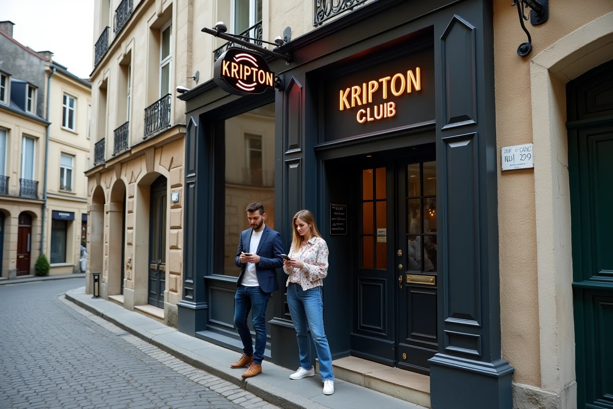 Façade du Kripton Club à Yssingeaux avec deux visiteurs devant l'entrée, ambiance week-end en Haute-Loire