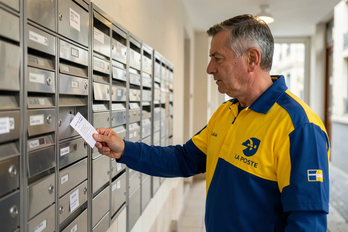Facteur La Poste déposant un avis de passage dans une boîte aux lettres d'immeuble résidentiel français