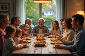 Famille multigeneration autour d'une grande table à manger