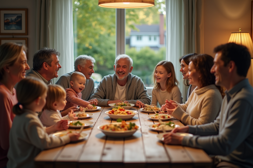 Famille multigeneration autour d'une grande table à manger
