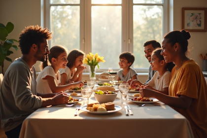 Famille melangee partageant un repas en harmonie
