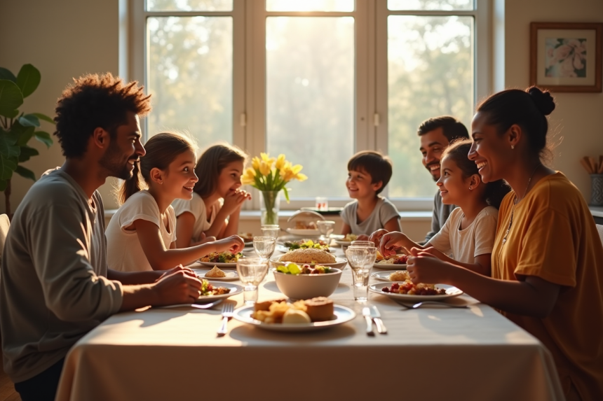 Famille melangee partageant un repas en harmonie
