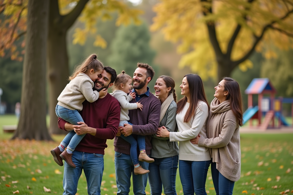 Famille souriante et embrassée dans un parc en plein air