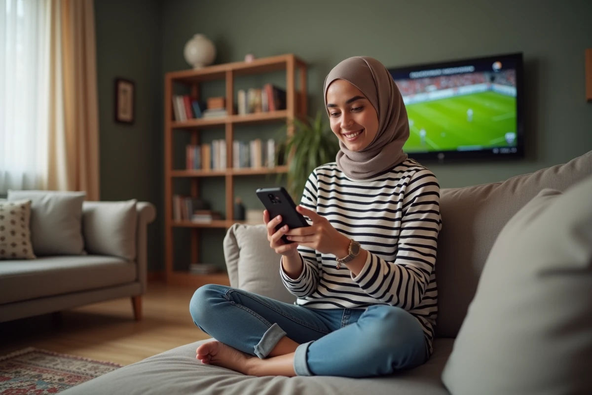 Jeune femme algérienne suivant les actualités du football algérien sur son smartphone à domicile