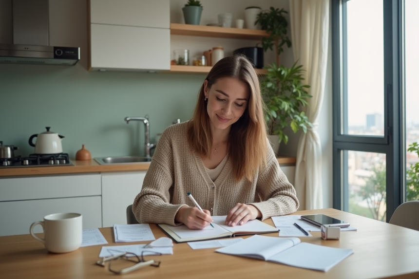Femme en cuisine vérifiant ses factures et notes