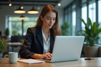 Femme en tenue professionnelle utilisant un ordinateur avec interface AEL