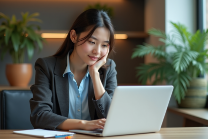 Jeune femme au bureau étudiant une application colorée