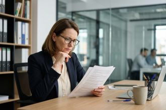 Femme d'affaires concentrée dans un bureau moderne