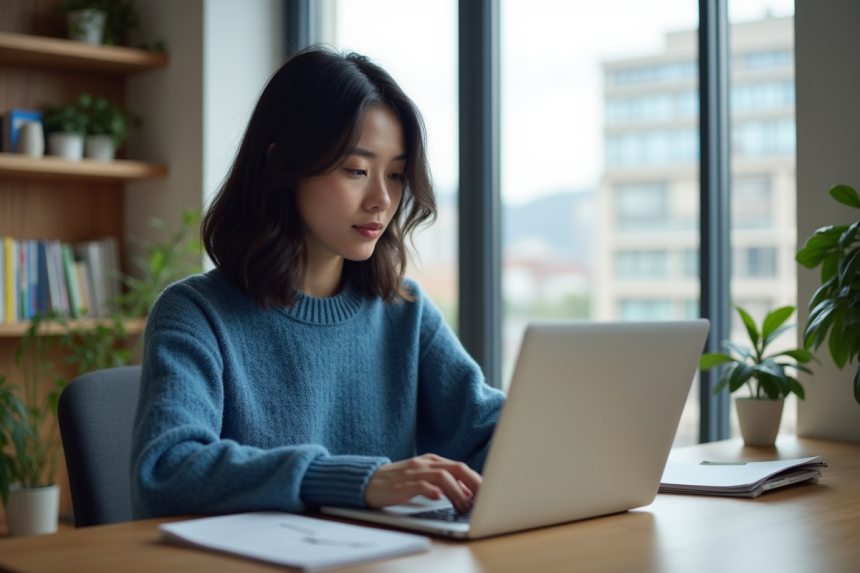 Jeune femme travaillant sur son ordinateur dans un bureau lumineux
