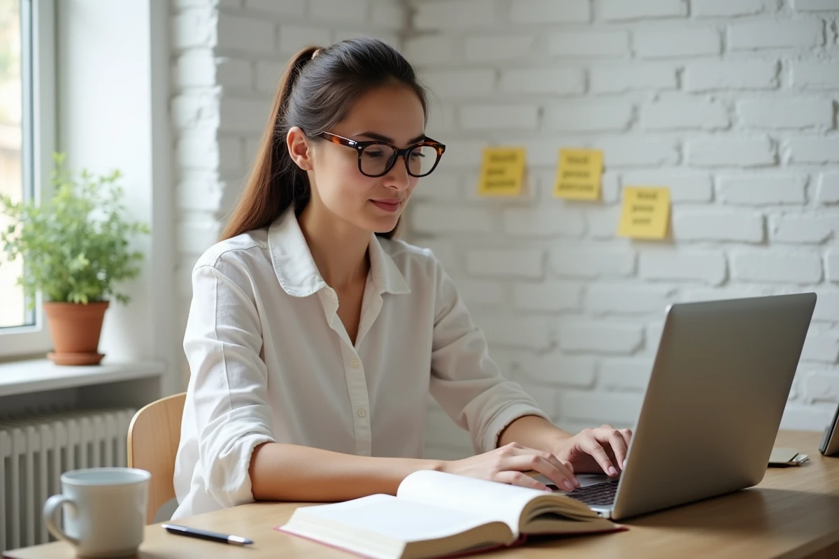 Femme travaillant sur les règles d'orthographe du verbe accueillir à son bureau à domicile avec des notes de grammaire