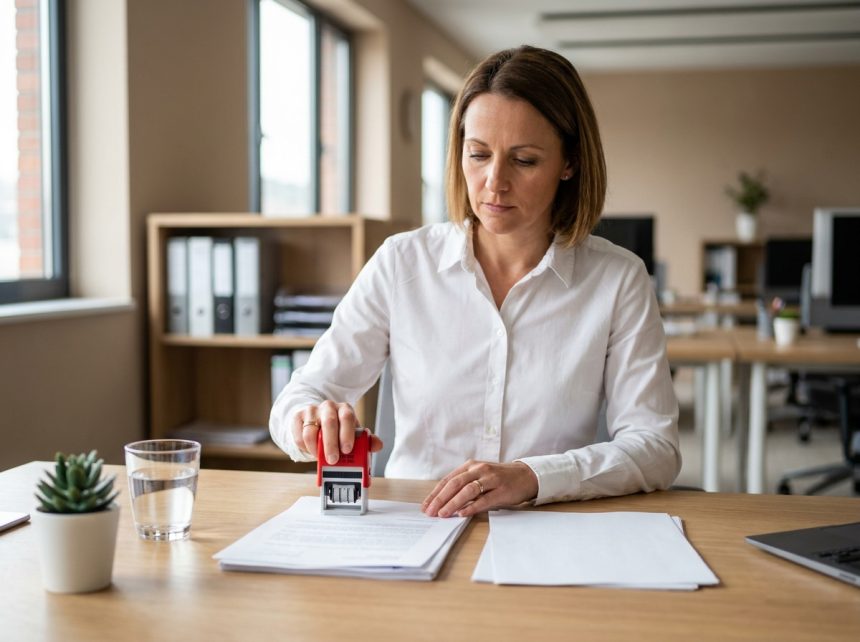 Femme utilisant un tampon dateur sur un document au bureau