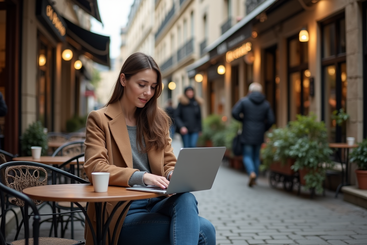 Jeune femme travaillant au café à Paris