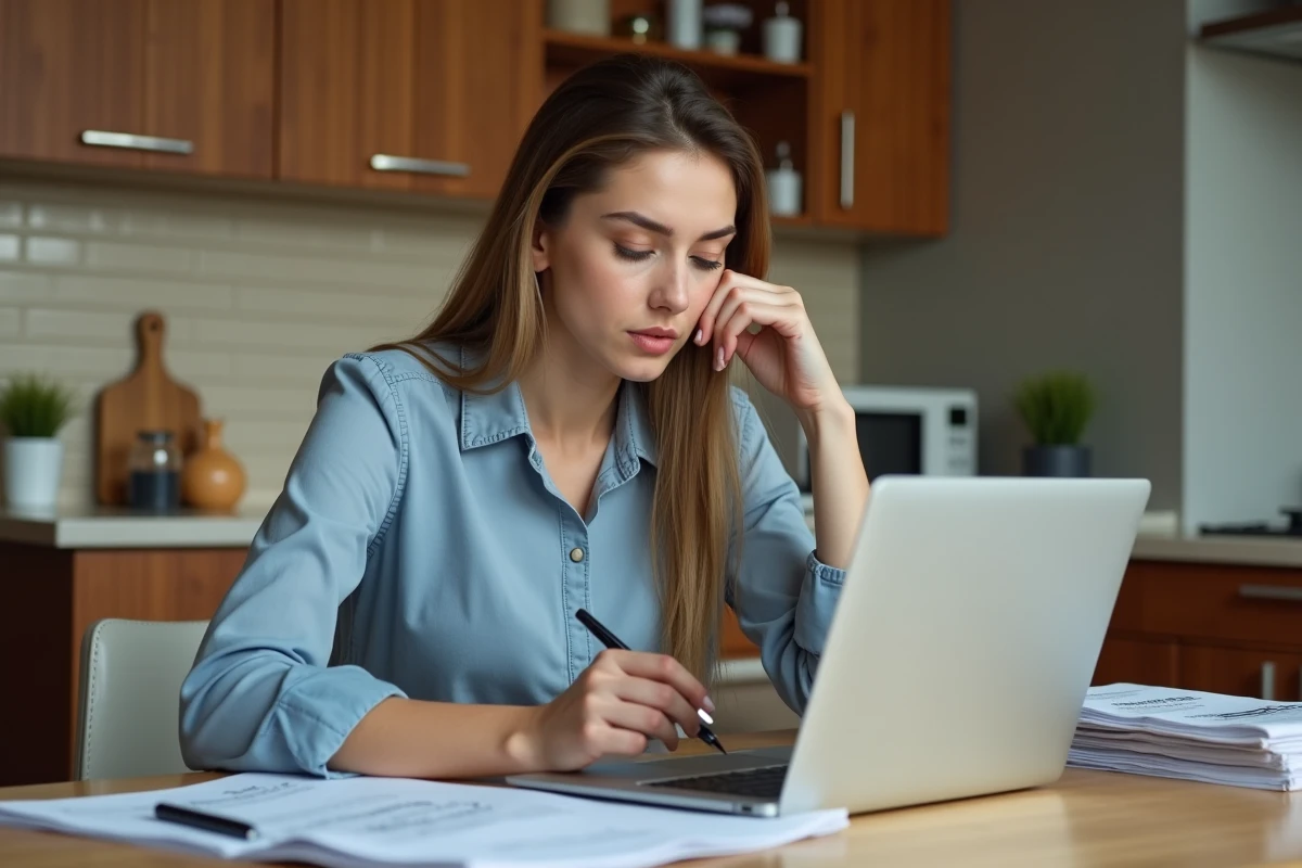 Jeune femme utilisant une calculatrice dans une cuisine moderne