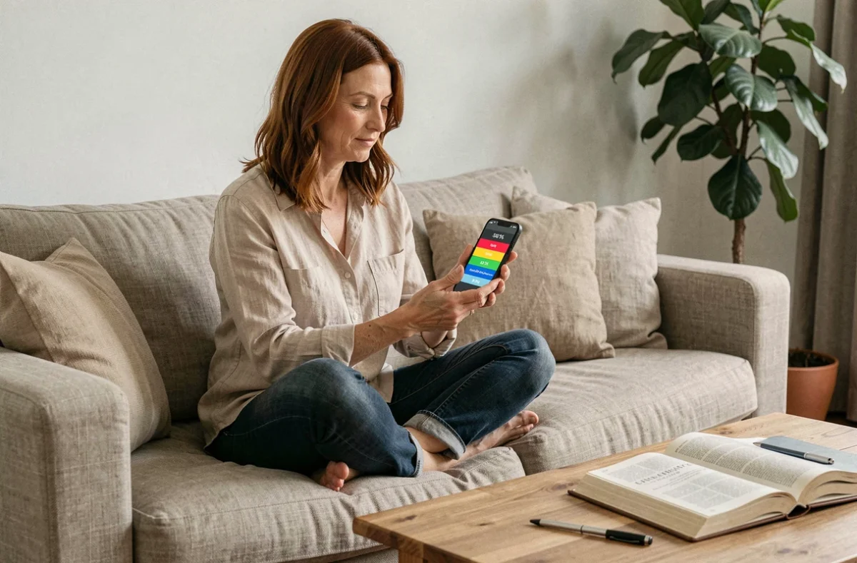 Femme sur un canapé utilisant son smartphone pour trouver la solution Cemantix grâce à des stratégies sémantiques