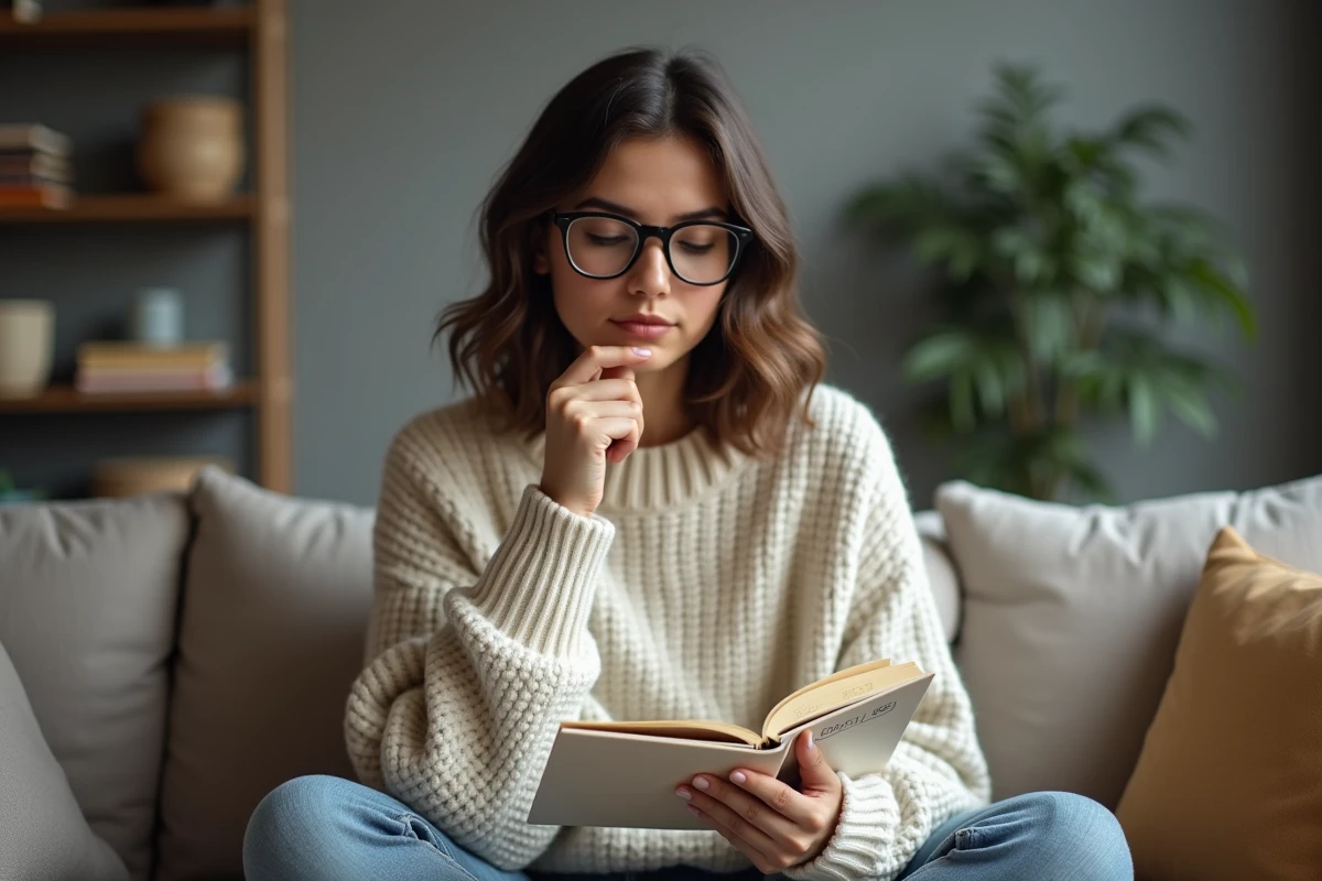 Jeune femme pensive tenant un carnet de jeu de pendu ouvert sur un canapé de salon