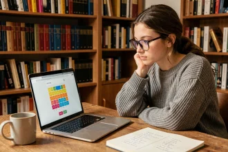 Jeune femme concentrée cherchant la solution Cemantix sur son ordinateur portable avec des notes manuscrites