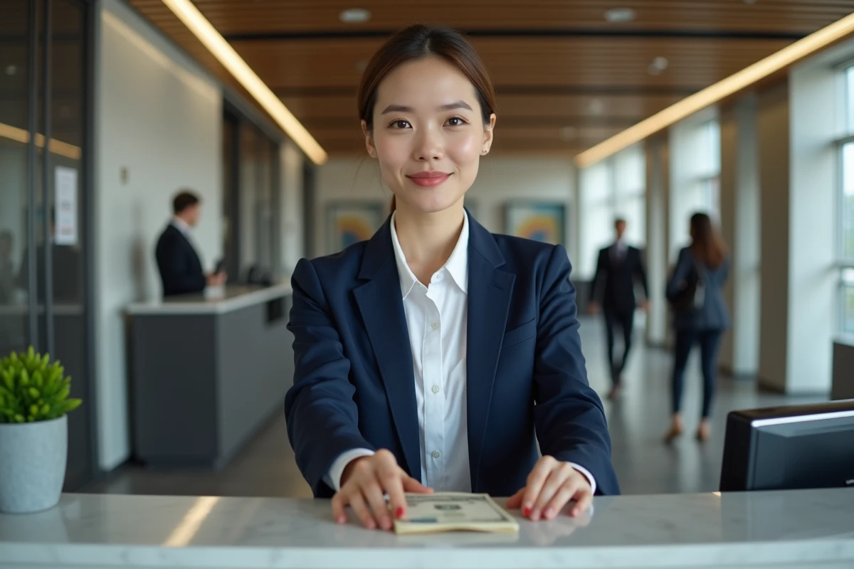 Jeune femme dépose de l'argent à la banque dans un intérieur moderne